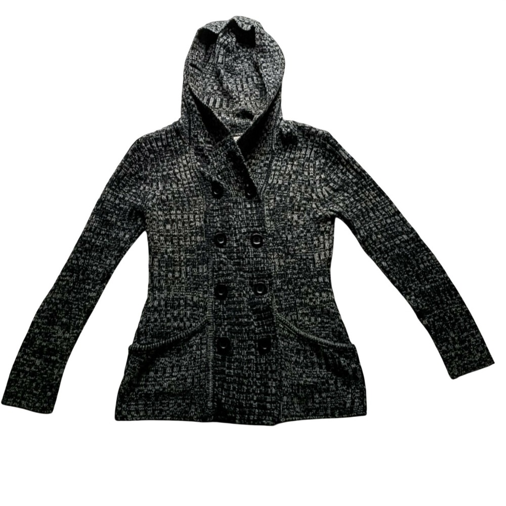 Effeci Cardigan Sweater Womens Medium Gray Hooded High Neck Button Front Pockets